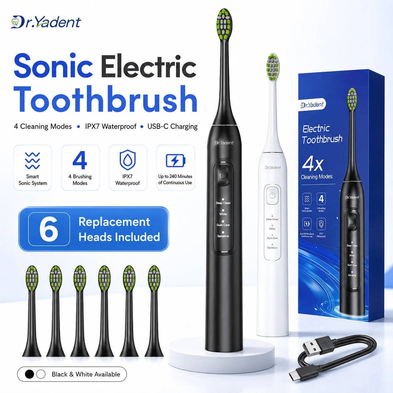 Brosse à Dents Électrique Sonique Dr.Yadent YD05 – 4 Modes, 6 Têtes Souples, Recharge USB-C & Minuteur Intelligent
