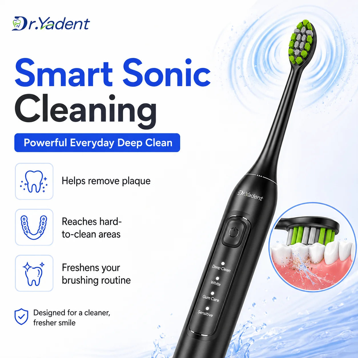 Brosse à Dents Électrique Sonique Dr.Yadent YD05 – 4 Modes, 6 Têtes Souples, Recharge USB-C & Minuteur Intelligent
