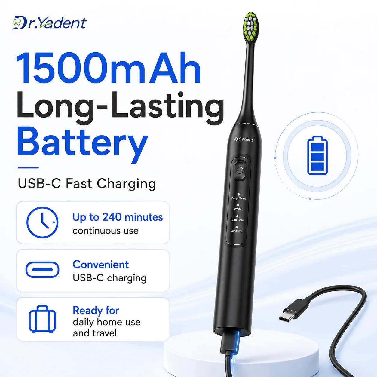 Brosse à Dents Électrique Sonique Dr.Yadent YD05 – 4 Modes, 6 Têtes Souples, Recharge USB-C & Minuteur Intelligent